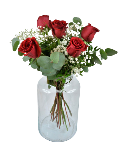 comprar ramo de 5 rosas rojas con paniculata y verdes en floristeria fiori